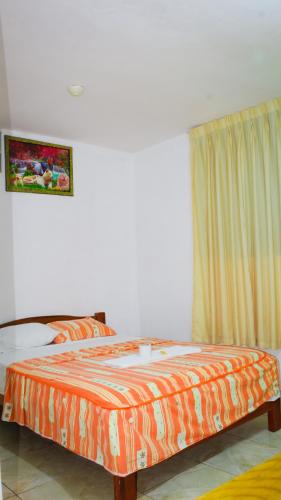 拉梅尔塞Hospedaje chanari的一间卧室配有一张带橙色棉被的床和窗户