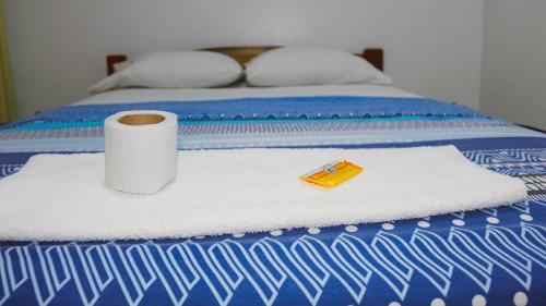 拉梅尔塞Hospedaje chanari的一张带卷卫生纸和餐巾的床