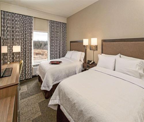 Hibbing希宾汉普顿酒店的酒店客房设有两张床和窗户。