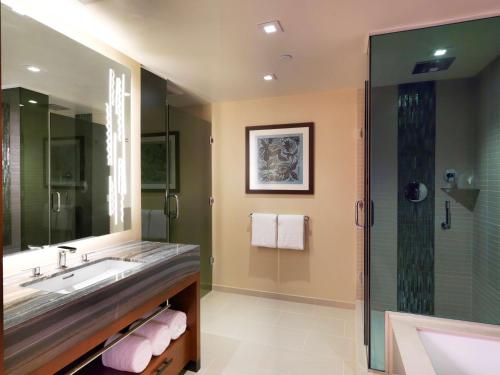 檀香山Hilton Grand Vacation Club The Grand Islander Waikiki Honolulu的一间带水槽和淋浴的浴室