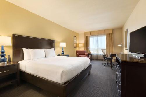 休斯顿美国休斯敦西北广场希尔顿花园酒店的配有一张床和一张书桌的酒店客房