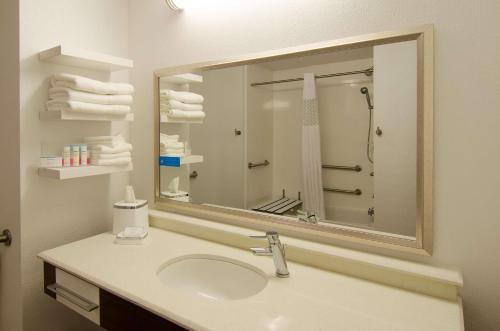 亨茨维尔亨茨维尔汉普顿酒店及套房的浴室配有盥洗盆、镜子和毛巾