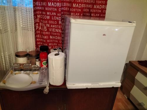 马德里Acogedora Habitación en Madrid的台面上冰箱冰柜
