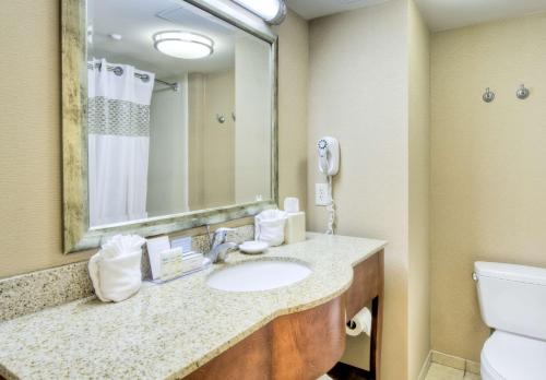 威尔明顿威尔明顿大学区汉普顿酒店的一间带水槽、卫生间和镜子的浴室