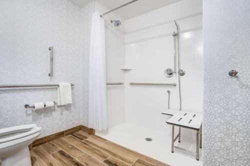 贝德福德Hampton Inn Bedford In, In的带淋浴和卫生间的白色浴室