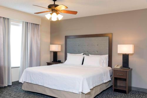 普兰菲尔德印第安纳波利斯机场/普莱恩希尔顿惠庭套房酒店的一间卧室配有一张带两盏灯的大型白色床。