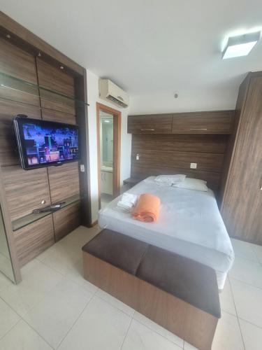 巴西利亚Saint Moritz Express vista Esplanada By Rei dos Flats的一间卧室配有一张床和一台平面电视