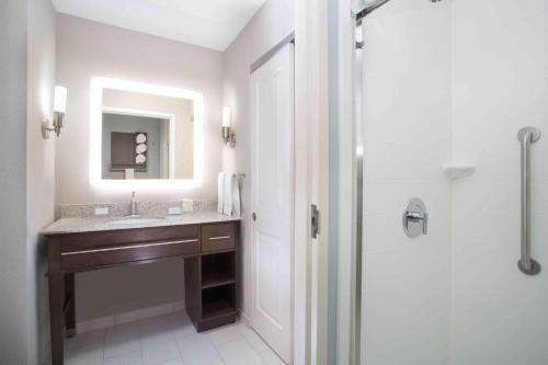 拉斯维加斯拉斯维加斯市中心希尔顿惠庭套房酒店的浴室配有盥洗盆和带镜子的淋浴