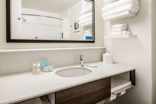 拉斯维加斯拉斯维加斯亨德森汉普顿套房酒店的浴室配有带镜子的盥洗盆和毛巾