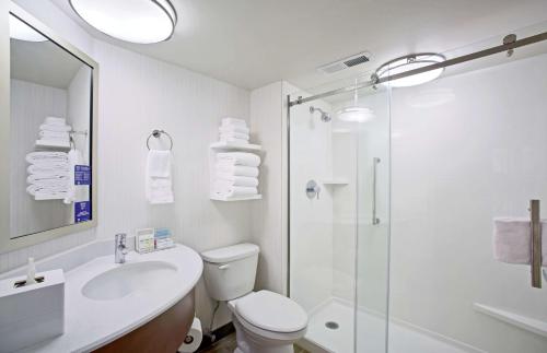 兰开斯特兰开斯特汉普顿酒店的一间带水槽、卫生间和淋浴的浴室