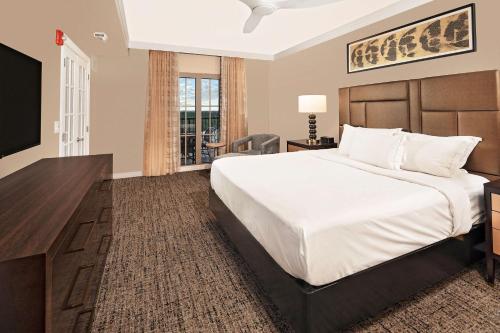奥兰多太阳公园希尔顿分时度假俱乐部的酒店客房设有一张大床和一台电视。