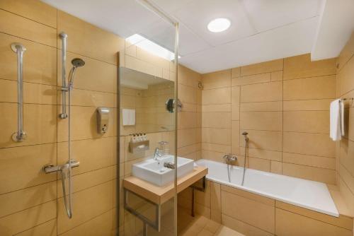 萨尔瓦尔Park Inn by Radisson Sarvar Resort & Spa - All Inclusive的一间带水槽和淋浴的浴室
