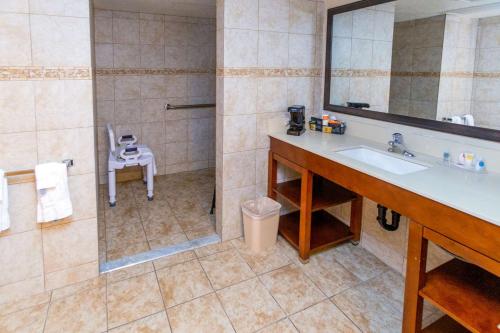 盐湖城盐湖城市中心康福特茵酒店的浴室配有盥洗盆和带镜子的淋浴