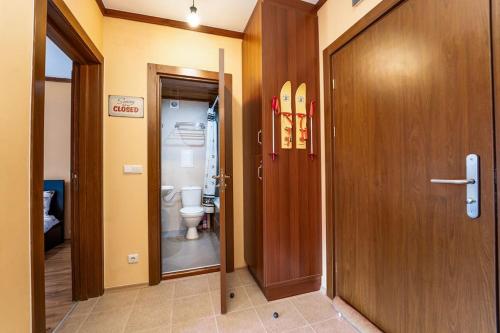 班斯科Peaceful Bansko Hideout的一间带卫生间和木门的浴室