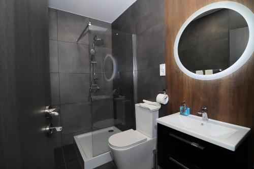 米什科尔茨Prestige Miskolctapolca的一间带卫生间、水槽和镜子的浴室