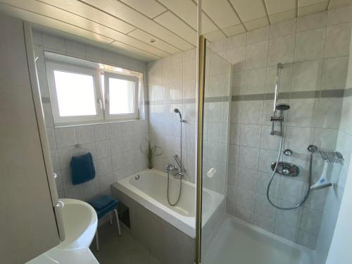 奥滕斯海姆Ferienwohnung Nussbaumblick的带淋浴、浴缸和卫生间的浴室