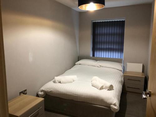 基督城Charming 2-Bed Apartment in Christchurch的一间卧室配有一张床,上面有两条毛巾