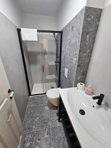 奥米沙利Villa GAJ的带淋浴、盥洗盆和卫生间的浴室