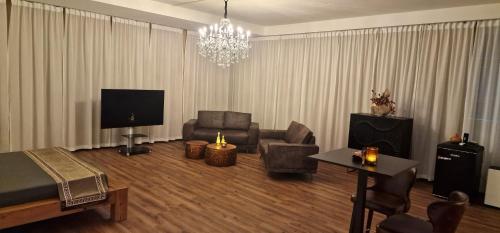 苏尔塞Privat-Spa mit Whirlpool und Sauna in Sursee的带沙发和电视的客厅