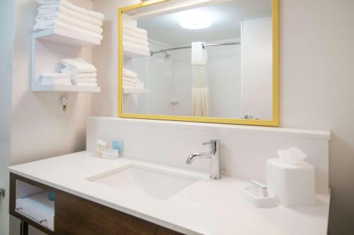 梅泰里梅泰里汉普顿酒店的浴室配有盥洗盆、镜子和毛巾
