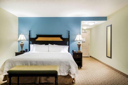 默特尔比奇默勒尔斯因莱特/默特尔海滩区汉普顿酒店的一间卧室设有一张蓝色墙壁的大床