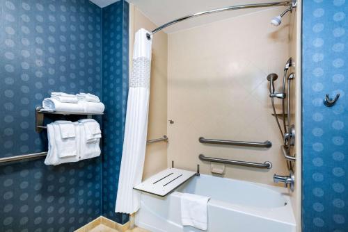 默特尔比奇默勒尔斯因莱特/默特尔海滩区汉普顿酒店的浴室配有盥洗盆、淋浴和毛巾