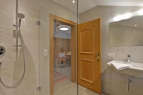 阿绍安贝格度假屋的带淋浴、盥洗盆和镜子的浴室