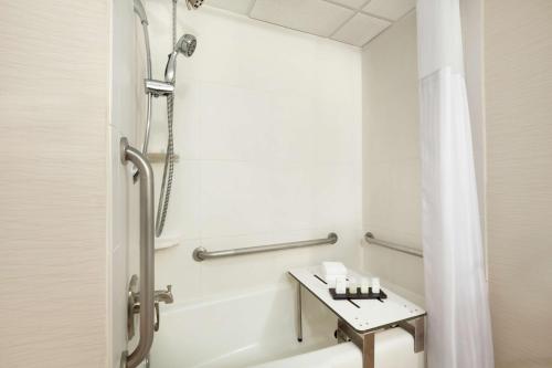 俄克拉何马城Embassy Suites by Hilton Oklahoma City Will Rogers Airport的带淋浴和盥洗盆的浴室