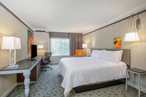 奥林匹亚华盛顿州奥林匹亚希尔顿花园酒店的酒店客房设有一张大床和一张书桌。