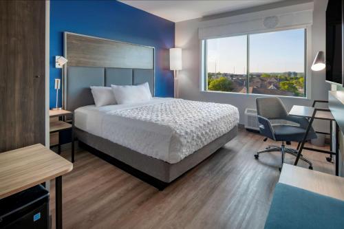 奥马哈Tru By Hilton Omaha I 80 At 72Nd Street, Ne的一间卧室配有一张床、一张书桌和一个窗户。