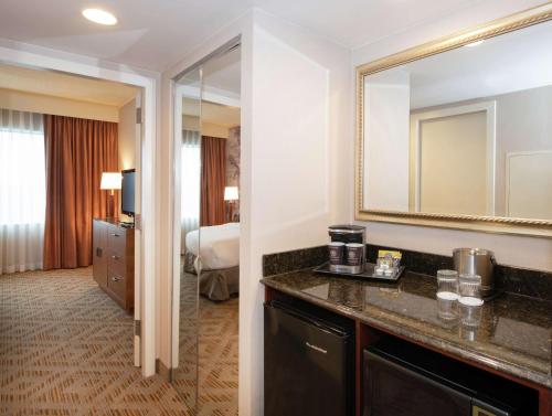 普利茅斯会议DoubleTree Suites by Hilton Hotel Philadelphia West的酒店客房设有水槽和镜子