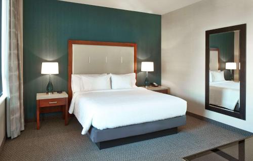 凤凰城凤凰城希尔顿花园酒店的一间卧室配有一张大床和镜子