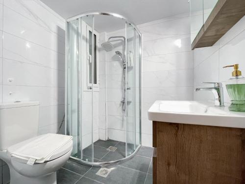 雅典2-bedroom Winter Apartment的带淋浴、卫生间和盥洗盆的浴室