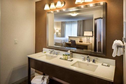 本德本德希尔顿逸林酒店的一间带水槽和大镜子的浴室