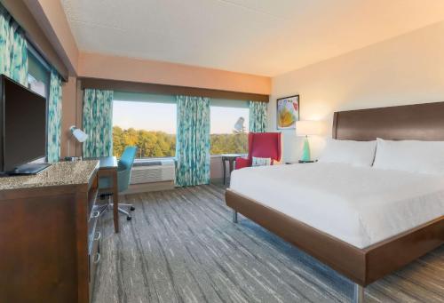 达拉姆罗利-达拉姆/三角研究园希尔顿花园酒店的配有一张床和一张书桌的酒店客房