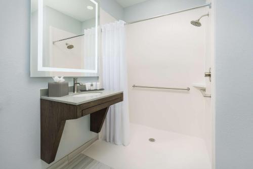 萨凡纳The Bluff Hotel Savannah, Tapestry Collection by Hilton的一间带水槽、镜子和淋浴的浴室