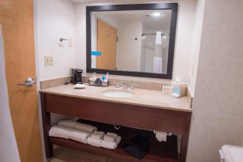 克拉克斯维尔克拉克斯维尔汉普顿酒店的浴室配有盥洗盆、镜子和毛巾