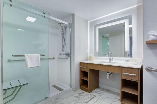 路易斯威尔东霍姆伍德的希尔顿套房酒店的带淋浴、盥洗盆和镜子的浴室