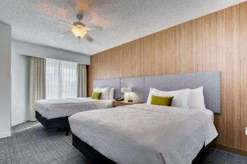 路易斯威尔东霍姆伍德的希尔顿套房酒店的酒店客房配有两张床和吊扇。
