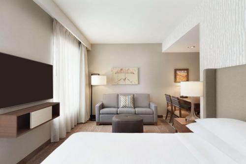南乔丹南约旦盐湖城希尔顿大使馆套房酒店 的酒店客房配有床、沙发和电视。
