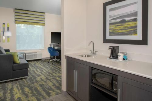 尔湾汉普顿尔湾/橘郡机场酒店的酒店客房设有水槽和客厅。