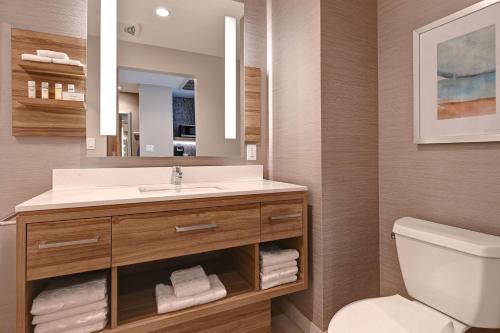安纳海姆Hilton Garden Inn Anaheim Resort的一间带水槽、卫生间和镜子的浴室