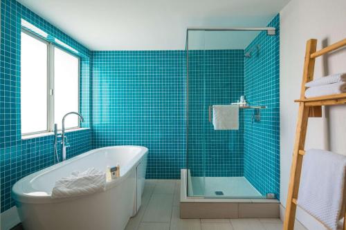 丹纳岬多亨尼海滩丹纳岬希尔顿逸林酒店的蓝色瓷砖浴室设有浴缸和淋浴。