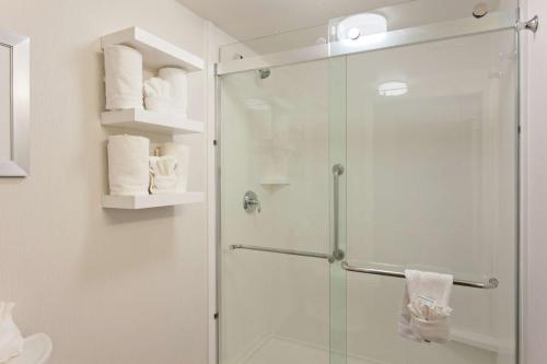 圣克鲁兹圣克鲁兹欢朋酒店的带淋浴的浴室和玻璃门