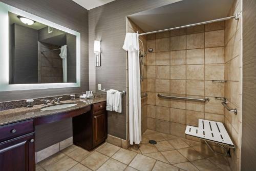 威奇托福尔斯威奇托福尔斯霍姆伍德套房酒店的带淋浴、盥洗盆和镜子的浴室