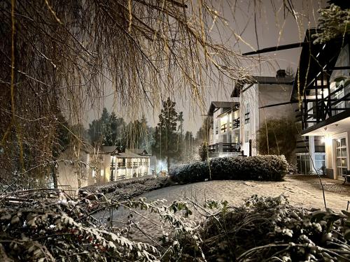 圣卡洛斯-德巴里洛切Aldea Andina Hotel&Spa的一条雪 ⁇ 的街道,晚上有楼房和树木