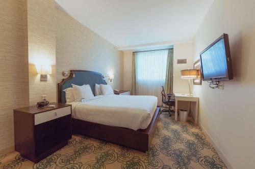 锡拉丘兹锡拉丘兹斯凯勒希尔顿Tapestry Collection酒店的配有一张床和一台平面电视的酒店客房