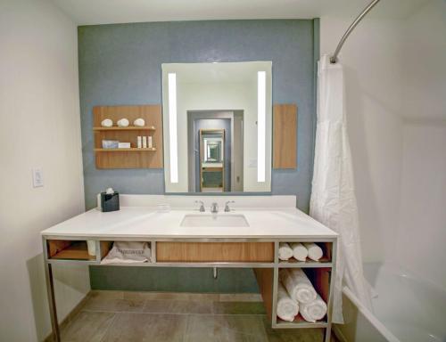 卫斯理堂Hilton Garden Inn Tampa - Wesley Chapel的一间带水槽和镜子的浴室
