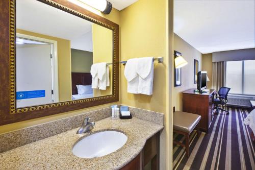 尚蒂伊华盛顿杜勒斯国际机场南希尔顿恒庭酒店的一间带水槽和镜子的浴室