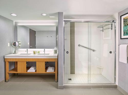 埃德蒙顿DoubleTree by Hilton Edmonton Downtown的一间带玻璃淋浴和水槽的浴室
